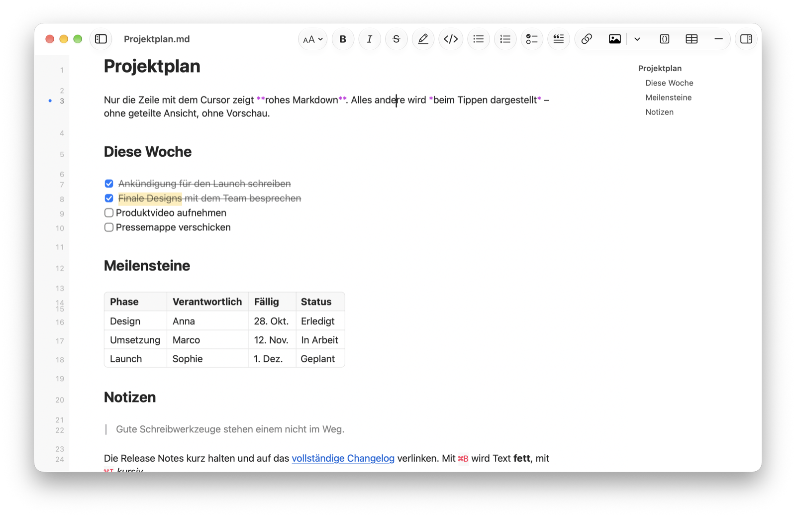 Markdown wird beim Tippen dargestellt. Nur die Cursorzeile zeigt die Syntax.