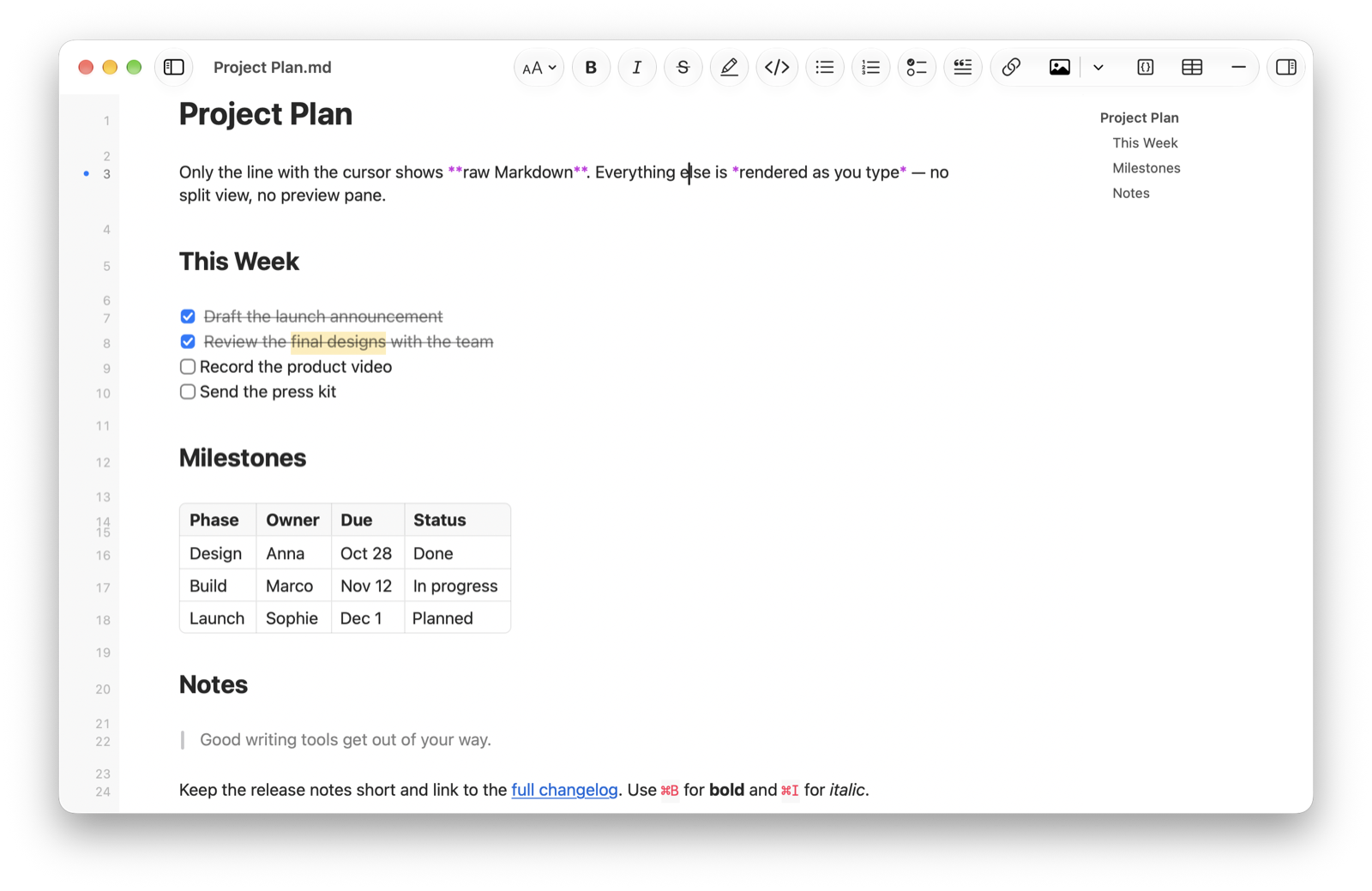 Markdown renders as you type. Only the cursor line shows its syntax.